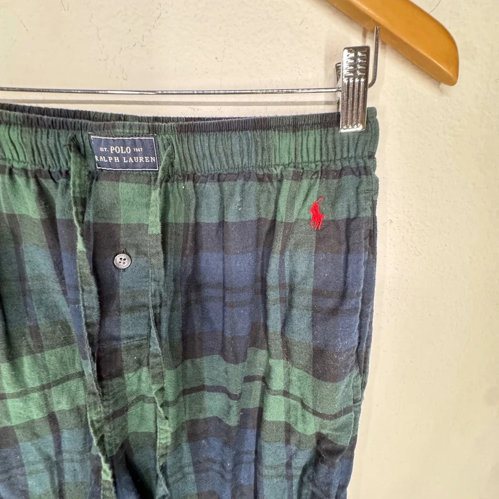 Polo Ralph Lauren Men Black Watch Plaid Pajama Pants Green Blue Medium Pony Logo